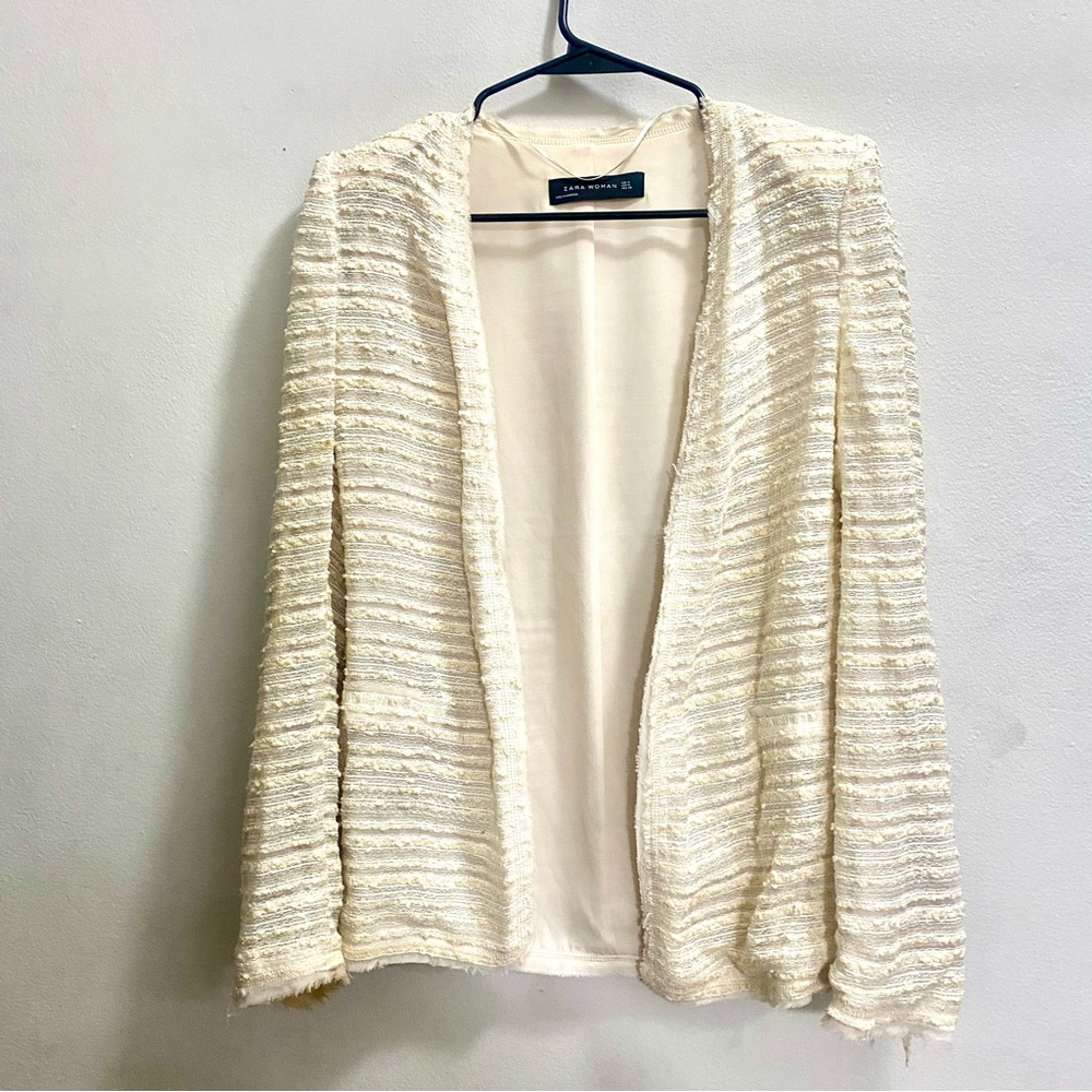Zara Ivory Boucle Textured Open Blazer
